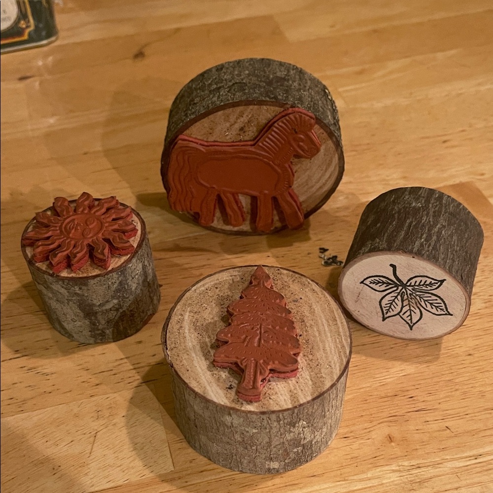 Rustic Wood Block Rubber Printmaking Stamps - Tree, Sun, Maple Leaf, Horse